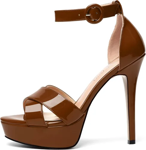 Vista 121 de MODENCOCO Sandalias de boda con correa de tobillo sexy para mujer, con plataforma y puntera abierta, tacón de aguja y tacón alto, zapatos de vestir