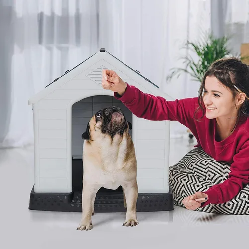 Vista 4 de Casa Grande de Plástico para Perros, Caseta para Perros Exterior Impermeable Doghouse Casas para Perros, Refugio para Cachorros Piso Elevado