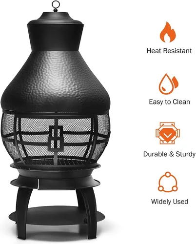 Vista 6 de SAFSTAR Chiminea de hierro fundido para exteriores, chimenea de madera con póquer de fuego, cubierta de malla ignífuga de 360°, hoguera de leña