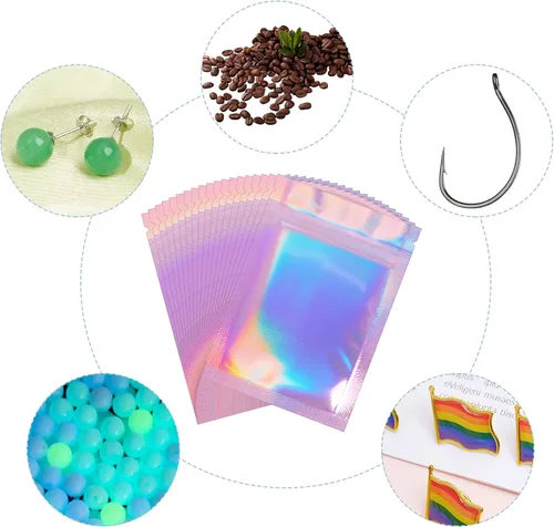 Vista 7 de 100 bolsas resellables a prueba de olores, bolsas planas transparentes para almacenamiento de alimentos, bolsas de embalaje de plástico de aluminio