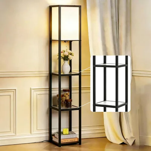 Vista 14 de Lámpara de pie con estantes, moderna lámpara de estante cuadrada con pantalla blanca, lámpara de pie de esquina para sala de estar, dormitorio