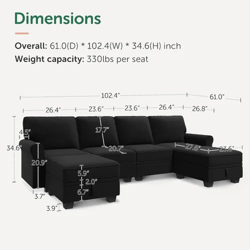 Vista 2 de HONBAY - Sofá seccional con asiento de almacenamiento de terciopelo, en forma de U, con tumbona reversible, sofá seccional convertible para sala