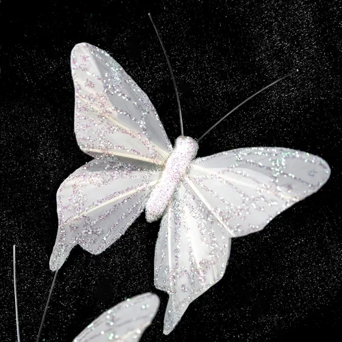 Vista 8 de Berfutall - Juego de 12 mariposas de plumas para decoración de mariposas, blancas en alambre. Decoración del hogar de primavera para fiestas, fotos