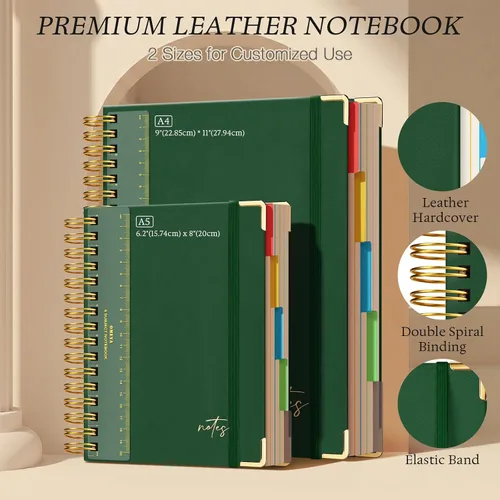 Vista 5 de Cuaderno espiral de cuero con 5 temas: cuaderno de tapa dura con rayas Verde