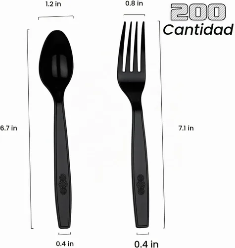 Vista 2 de MOACOCK 200 piezas de cubiertos de plástico negro plateado, tenedores y cucharas de plástico de peso pesado, juego de utensilios desechables
