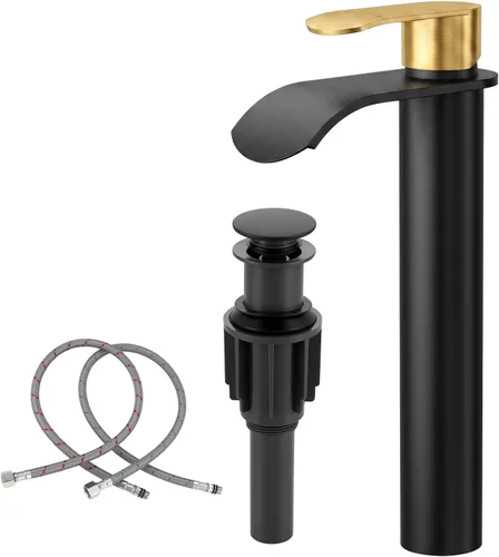 Vista 12 de Canilla para lavabo de recipiente color negro para baño: WOWOW - Canilla de baño alta de una sola manija - Canilla mezcladora de caída en cascada