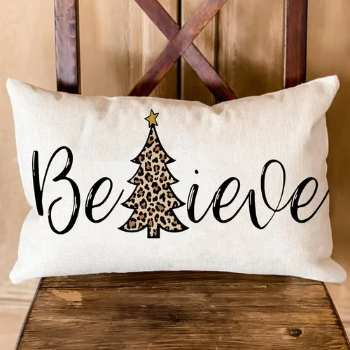 Vista 2 de AOFANGGO Funda de almohada de Navidad de 12 x 20 pulgadas, decoración navideña de árbol de leopardo, funda de cojín rústica para cama, silla, sofá