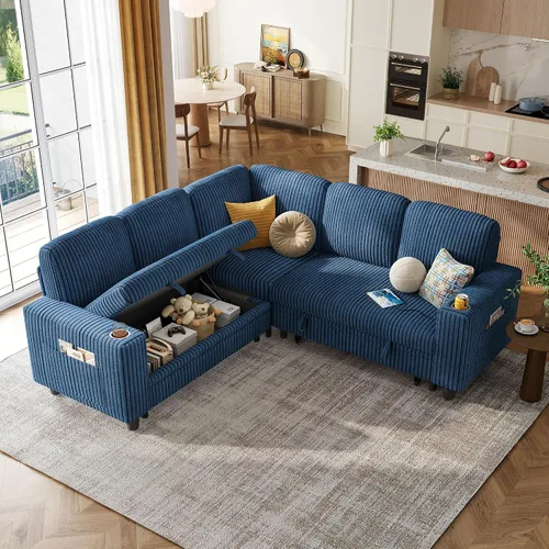 Vista 10 de LINSY HOME Sofá cama seccional con sofá cama extraíble para sala de estar (azul) Plush Corduroy