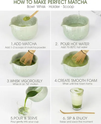 Vista 6 de Juego de batidor de matcha, kit de 4 piezas con cuenco de matcha de cerámica, batidor de bambú, soporte para batidor, scroop - Juego completo de té