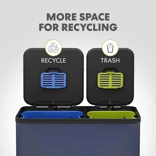 Vista 5 de Cubo de basura rectangular de 70 litros/18.5 galones con pedal, sin contacto manual, doble compartimento para reciclaje de cocina, con tapa Acero