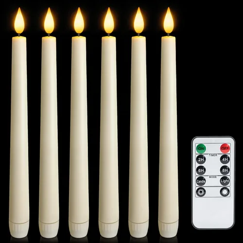 Vista 10 de 6 piezas de velas cónicas sin llama con control remoto y temporizador, 9.6 pulgadas de velas LED de plástico, velas blancas operadas por batería