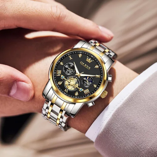Vista 2 de OLEVS Relojes para hombre de acero inoxidable con cronógrafo, reloj de pulsera grande analógico de cuarzo, relojes de vestir impermeables de moda