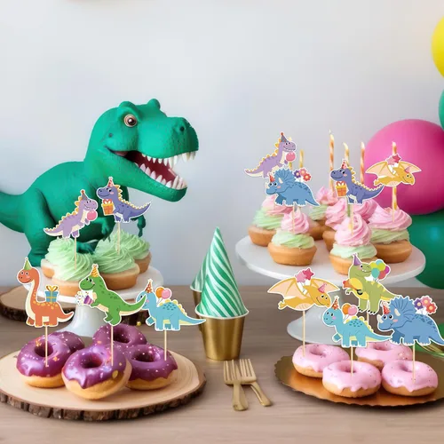 Vista 3 de 40 piezas de decoración de dinosaurios para cupcakes de cumpleaños de dinosaurios, decoraciones de pastel de dinosaurio para temática