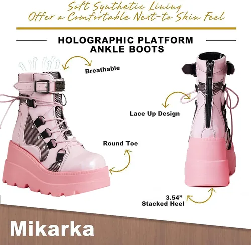 Vista 3 de mikarka Botas de plataforma holográfica para mujer, con cordones, hebilla con tachuelas, góticas, apiladas, botas de combate
