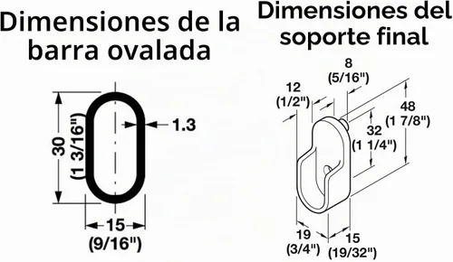 Vista 4 de Barra de armario ovalada CORTADA A MEDIDA PERSONALIZADA. ¡Hasta 92 pulgadas de largo! Elige acabado. Incluye soportes finales.