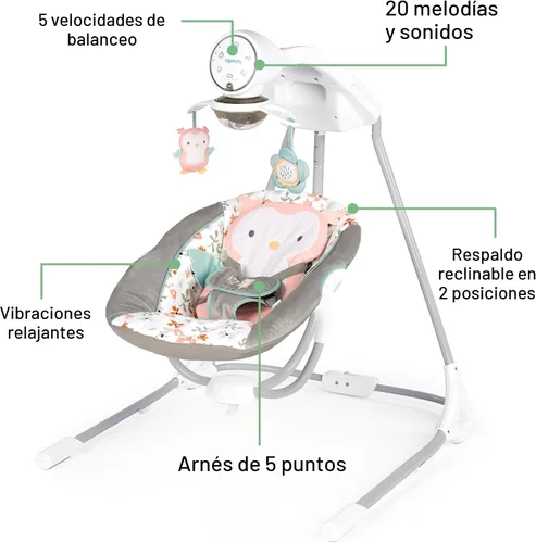 Vista 4 de Ingenuity InLighten - Columpio para bebé de 5 velocidades, asiento giratorio para bebé, arnés de seguridad de 5 puntos, sonidos naturales, luces