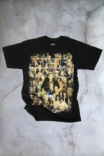 Vista 4 de STAR WARS Camiseta gráfica de personajes con diseño de disparo de color para hombres adultos, Negro