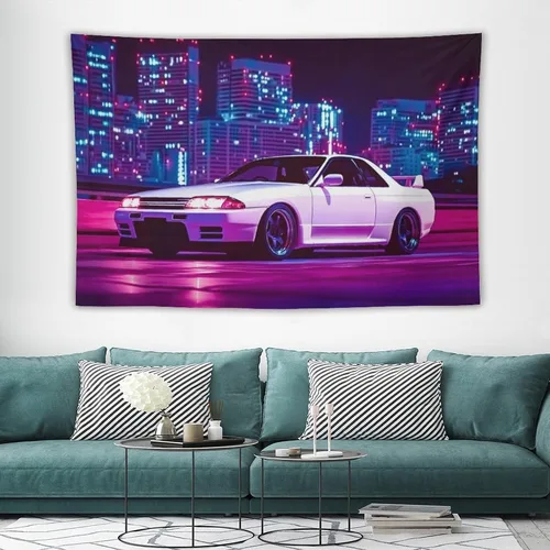 Vista 3 de PailailaiNest Arte de pared Jdm Car White R32 Neon City Night Scene Estética Tapiz colgante de pared para dormitorio, decoración de pared del hogar