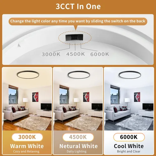 Vista 2 de Lámparas de techo de montaje empotrado de 3200 lm, color negro, 12 pulgadas, luces LED de techo regulables para dormitorio, CCT ajustable 3000K
