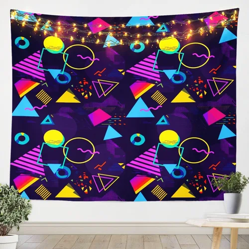 Vista 13 de Tapiz retro de los años 80 y 90, tamaño pequeño de 51 x 59, tapices geométricos abstractos urbanos modernos y colgantes de pared triangulares, arte