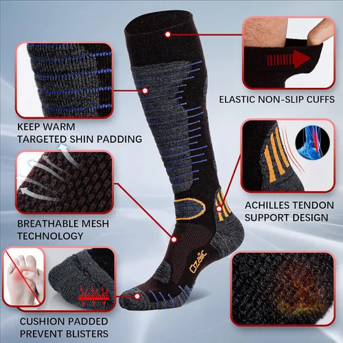 Vista 6 de Calcetines de esquí de lana merino para hombre y mujer, 2 pares para esquí, snowboard, térmicos hasta la rodilla, calcetines de rendimiento