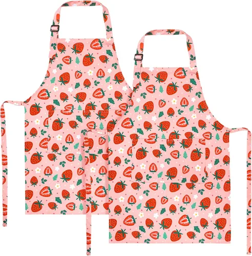 Vista 13 de Paquete de 2 delantales para niños, bonitos delantales de cocina, delantal de arte impermeable con bolsillos, delantal ajustable para pintores