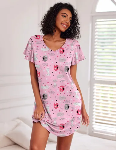 Vista 3 de Ekouaer - Pack de 2 camisones de manga corta para mujer, cómodos y suaves, pijama estilo vestido para dormir