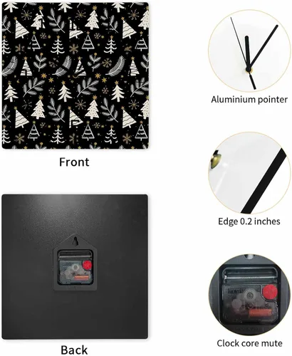 Vista 2 de Christmas Tree Wooden Wall Clock Silent Non Ticking, Winter Xmas Pine Leaf Snowflake Black Square Wall Clocks Battery Operated, Decor Clock for Home