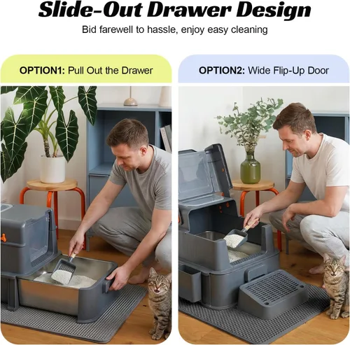 Vista 2 de Caja de arena cerrada de acero inoxidable para gatos con tapa y alfombra, caja de arena extra grande para gatos con cajón, caja de metal para gatos