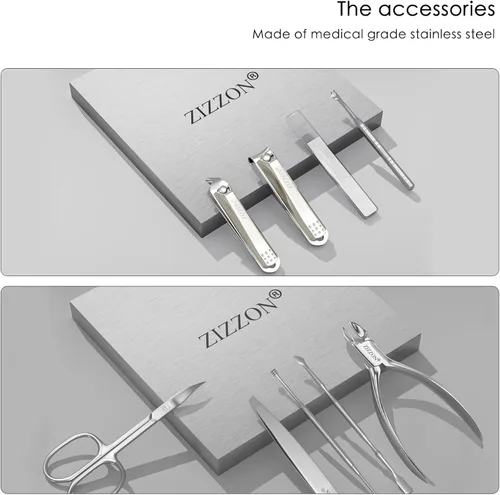 Vista 4 de ZIZZON Juego de manicura profesional de acero inoxidable para uñas y uñas de los pies y uñas 9 en 1, kit de pedicura y aseo con estuche de viaje