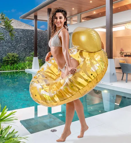 Vista 6 de POZA Tubos inflables de lujo con respaldo – Tumbona de lujo llena de confeti con brillo plateado, tubos gruesos flotadores de piscina, teléfono