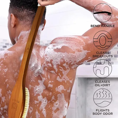 Vista 2 de Cepillo de baño de 49.99 cm con cerdas naturales de jabalí antideslizantes, mango extra largo curvo, cepillo de ducha para exfoliar, cepillo