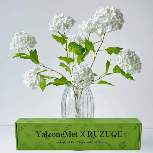 Vista 13 de YalzoneMet Bola de nieve artificial Viburnum 4 piezas de 26.8 pulgadas de color azul graduado, hortensias pequeñas, 2 cabezales, de látex natural