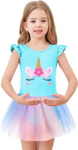 Vista 2 de EQSJIU Leotardos de ballet de unicornio con tutú para niñas pequeñas, vestido de falda de tul de algodón para bailar