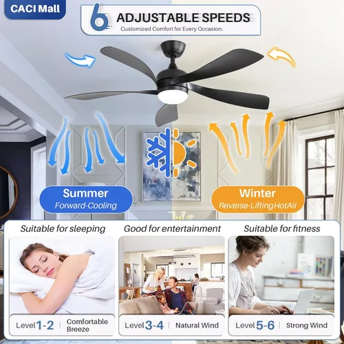 Vista 6 de CACI Mall Ventilador de techo inteligente de 52 pulgadas con luces, control remoto, compatible con Alexa/Google/App, 5 cuchillas, iluminación