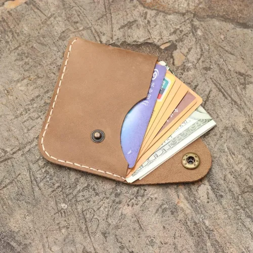 Vista 2 de Bolsillo frontal ultradelgado de cuero hecho a mano cartera simple delgada para tarjetas tarjetero cartera para tarjetas de presentación para Marrón