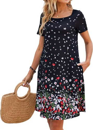 Vista 5 de Sherosa - Vestido de verano sin mangas o con manga corta, estampado floral, con bolsillos, casual, suelto, con vuelo, vestido estilo camiseta