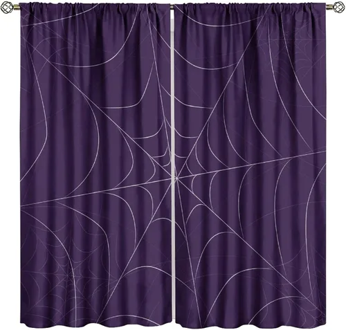 Vista 19 de Cortinas opacas de tela de araña aterradora para niños, tela de araña en blanco y negro, fondo rojo, dormitorio de niños, guardería, decoración