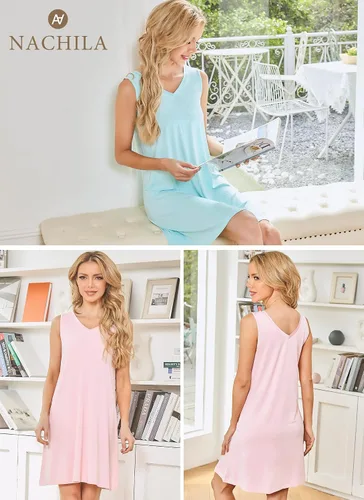Vista 6 de NACHILA Camisón de bambú para mujer, ropa de dormir sin mangas, ligero, cuello en V, talla grande, tallas S-4X