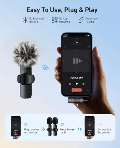 Vista 2 de MENERESAS Mini micrófono 3 en 1 para iPhone: Micrófonos Lavalier inalámbricos para iOS/Android/Cámara - Micrófono de solapa con reducción de ruido