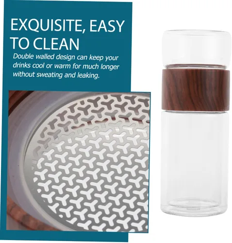 Vista 3 de Taza separadora de agua de té de doble pared, vaso de té de hoja suelta de vidrio de 6 onzas con infusor cesta de frutas y tapa a prueba de fugas