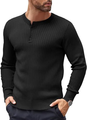 Vista 15 de COOFANDY Suéter de punto Henley para hombre, manga larga, con botones, ligero, para otoño, ajustado, acanalado
