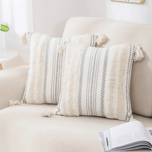 Vista 17 de decorUhome Funda de almohada decorativa bohemia de 18 x 18 pulgadas, funda de almohada de acento con textura neutra acolchada a rayas para sofá
