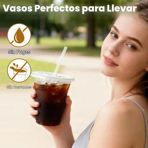 Vista 4 de Lamosi Paquete de 100 vasos de plástico transparente de 12 onzas con tapas y pajitas, tazas de café de plástico desechables con tapas para café
