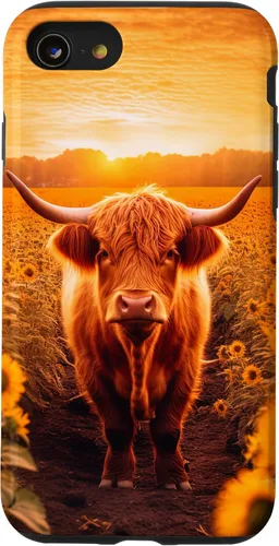 Vista 8 de iPhone 12 mini Estética Scottish Highland Cow In Sunflower Field Sunset Case