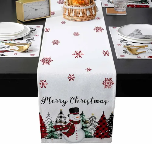 Vista 2 de Christmas Snowman Table Mats Set of 2 With Table Runner 70 Inches Long,Cotton Linen Tablerunner Burlap Kitchen Dining Placemats for
