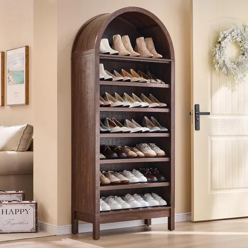 Vista 8 de IFGET Armario de almacenamiento de zapatos arqueado de 67 pulgadas de alto, 8 niveles y 8 pares de zapateros de madera con 3 estantes ajustables