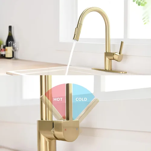 Vista 7 de Grifo de cocina dorado con rociador extraíble, grifo de fregadero de cocina extraíble de una sola manija de 1 y 3 agujeros con placa de cubierta