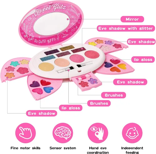 Vista 5 de Kit de maquillaje para niños para niñas, juego de maquillaje real, paleta de maquillaje plegable con espejo, kit de maquillaje no tóxico para niños