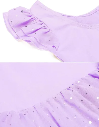 Vista 7 de Arshiner - Vestido de baile de ballet con mangas con volantes, leotardo de tutú con ruedo para niñas Lila
